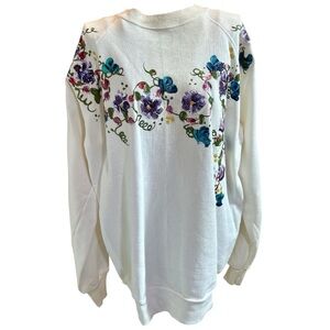 Vintage 80’s Hand Painted Floral Grandma Crew Neck Sweatshirt Cream Size XL NWT